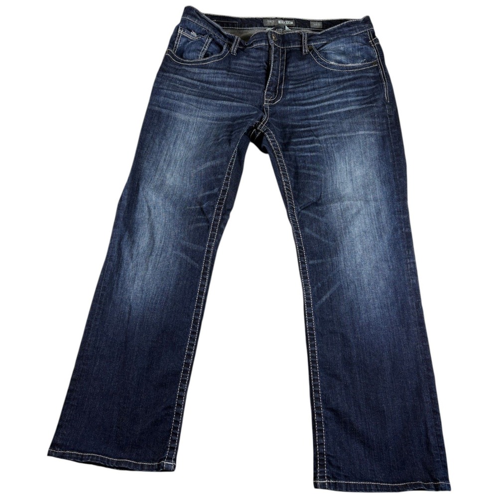 BKE Derek Jeans Mens 38S Blue Denim Whiskered Contrast Stitch Grunge Boot Leg